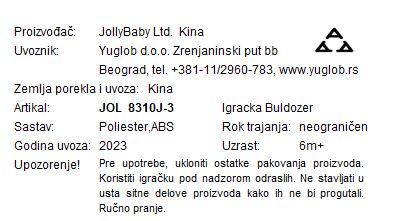 Jollybaby platnena igračka buldožer na potez 8310J-3 deklaracija